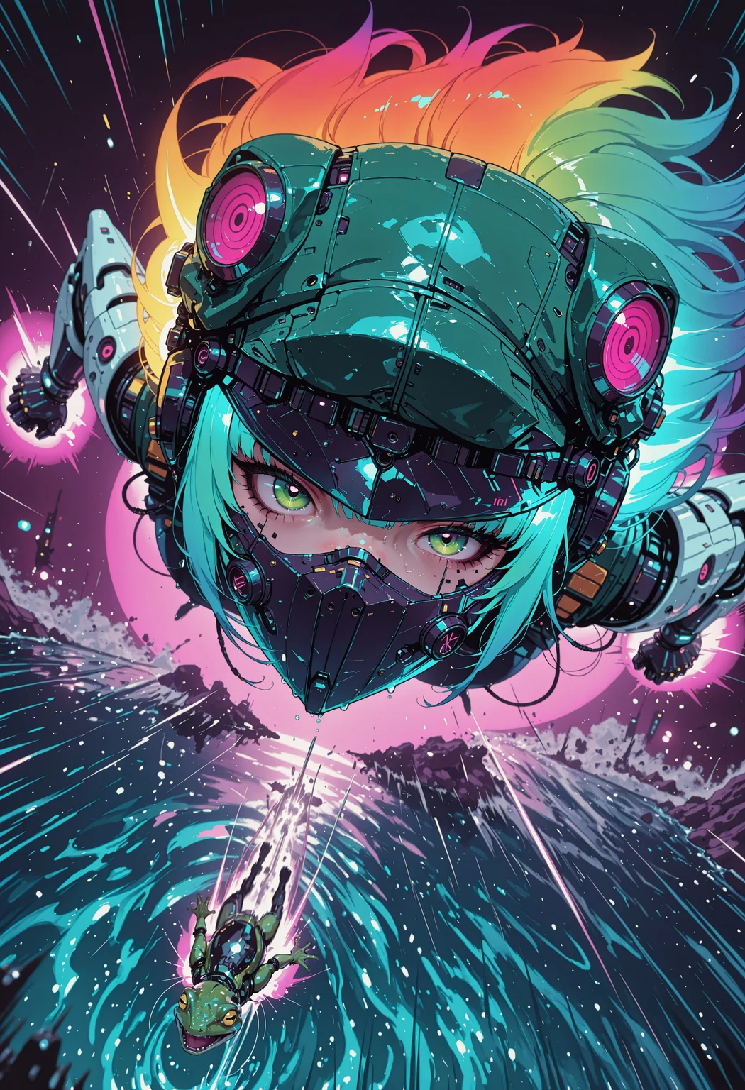 <lora:ck-nc-cyberpunk-IL-000011:0.60>,  masterpiece, best quality, good quality, very aesthetic, absurdres, newest, 8K, depth of field, focused subject, dynamic angle, side view, from above, action shot, wabi sabi android woman, rainbow hair, glowing hair, cute simplistic green frog hat with frog eyes on it, white ceramic armor with green accents, close up face, detailed eyes,  looking at viewer, clean visible face, she is riding on the back of a giant frog, their face mask is open, one eye has mechanical enhancements, servos, wires, exposed circuits, skin, lillypads, action scene, flying, speed lines, motion blur, jumping through water, bioluminescent lillypads,, Sci-fi anime movie (style by George Shaw),shallow depth of field, vignette, (Fujicolor Superia X-TRA 400) , (bioluminecent glow:0.8),
in the style of cknc,
<lora:MoriiMee_Gothic_Niji_Style_Illustrious_r1:0.5>
<lora:ck-neon-retrowave-IL:0.85>
<lora:ck-shadow-circuit-IL:0.35>