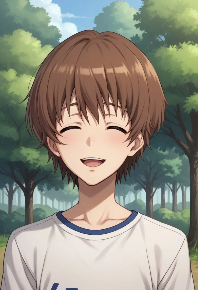 score_9, score_8_up, score_7_up, source_anime, highly detailed,
yuyamochizuki, 1boy, male focus, solo, closed eyes, brown hair, smile, short hair, open mouth, tree, outdoors ^ ^, facing viewer,
day, :d, shirt, portrait,