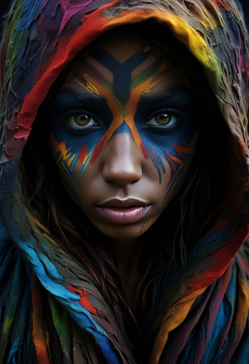 Close-up face, mysterious silhouette of an exotic coloured girl in worn down clothing, colourful war-paint over eyes only, goddess, alluring, by Minjae Lee, Carne Griffiths, Emily Kell, Steve McCurry, Geoffroy Thoorens, Aaron Horkey, Jordan Grimmer, Greg Rutkowski, amazing depth, double exposure, surreal, geometric patterns, intricately detailed, bokeh,  perfect balanced, deep fine borders, artistic photorealism , smooth,  great masterwork by Suiras  <lora:add-detail-xl:2>  <lora:Double_Exposure:0.5>