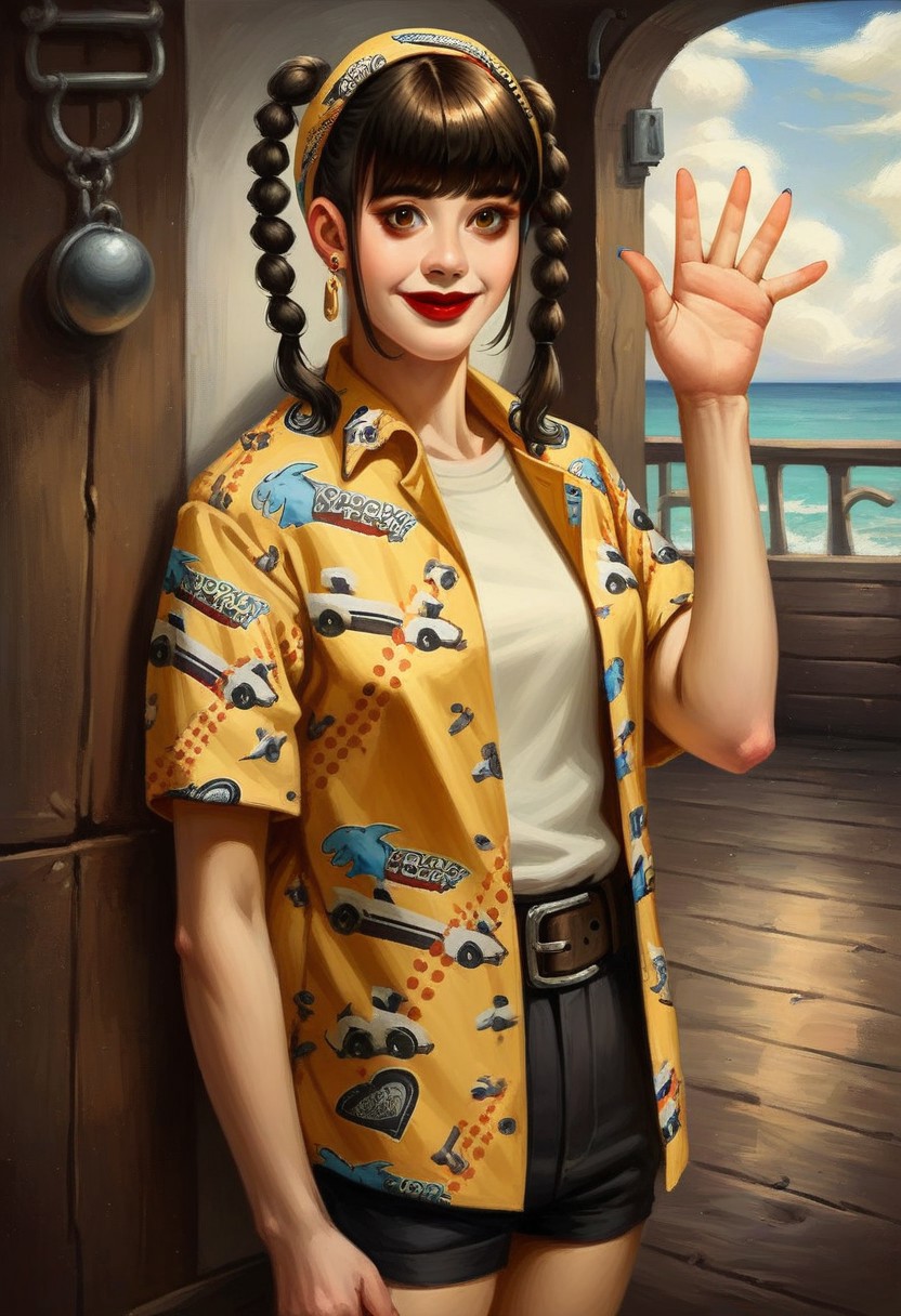 score_9_up , score_8_up, score_7_up, score_6_up, 1girl, solo, Ran_PY, black hair, twin braids, bangs, brown eyes, red lips, earrings, hairband, yellow print shirt, open clothes, white t-shirt, belt, black shorts, blue nail polish, standing on the deck of a pirate ship, cute smile, waving, close up, (realistic, painted art)