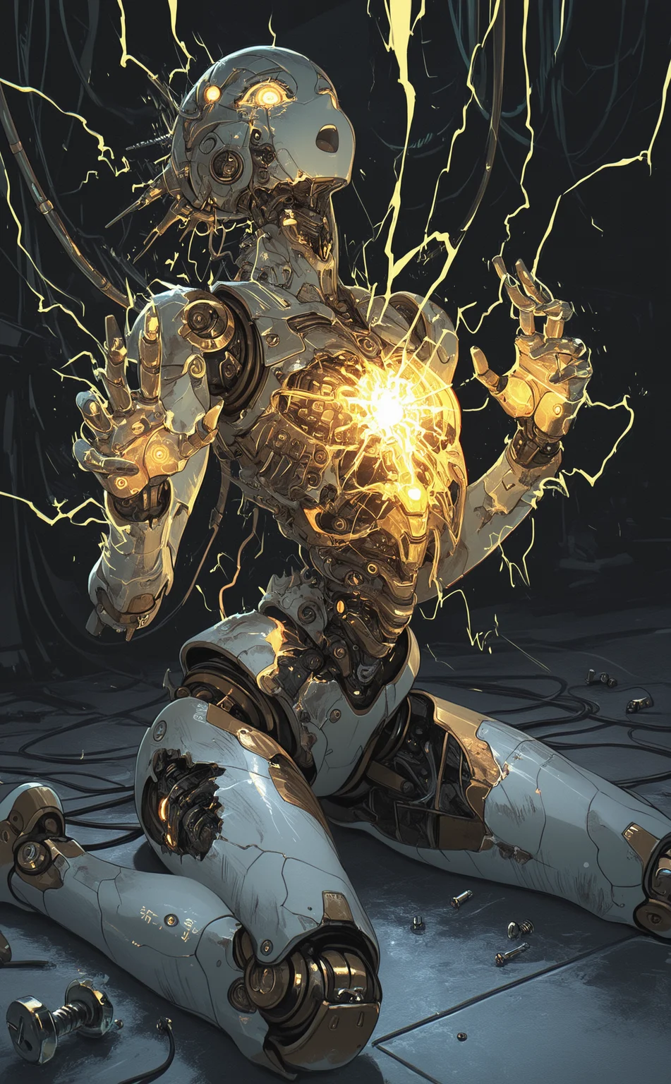 masterpiece, best quality, amazing quality, solo, sitting, no humans, glowing, wariza, robot, science fiction, on floor, electricity, cable, joints, robot joints, damaged, mechanical parts, wire, humanoid robot, screw, bolt,
Countless lightning, electric shock,
open mouth, Open five fingers,hands up, Bent back,
Low Angle, 0__11Xx_illu,
15546+456868 <lora:noobai_ep11_stabilizer_v0.138_fp16:0.3> <lora:NOOB_vp1_detailer_by_volnovik_v1:0.3> <lora:114558v4df2fsdf5:0.6> <lora:mon_monmon2133:0.5> <lora:0__11Xx:0.5>