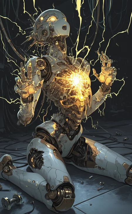 masterpiece, best quality, amazing quality, solo, sitting, no humans, glowing, wariza, robot, science fiction, on floor, electricity, cable, joints, robot joints, damaged, mechanical parts, wire, humanoid robot, screw, bolt,
Countless lightning, electric shock,
open mouth, Open five fingers,hands up, Bent back,
Low Angle, 0__11Xx_illu,
15546+456868 <lora:noobai_ep11_stabilizer_v0.138_fp16:0.3> <lora:NOOB_vp1_detailer_by_volnovik_v1:0.3> <lora:114558v4df2fsdf5:0.6> <lora:mon_monmon2133:0.5> <lora:0__11Xx:0.5>