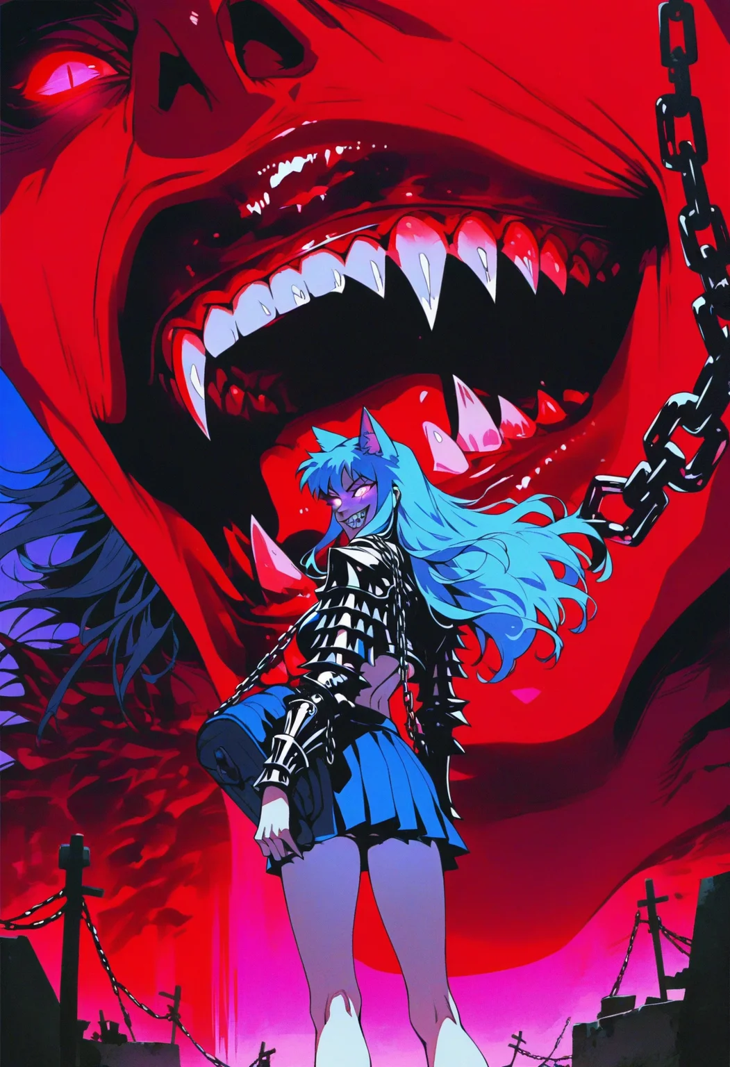 score_9, score_8_up, score_7_up, score_6_up, score_5_up, score_4_up,  
<lora:GothicPunkV7:1>, g0th1cpnk,
1girl, solo, long hair, looking at viewer, smile, skirt, animal ears, standing, blue hair, tail, swimsuit, outdoors, pleated skirt, teeth, cat ears, miniskirt, from behind, bag, grin, armor, blue skirt, shadow, glowing, animal, chain, cat, sharp teeth, slit pupils, glowing eyes, monster, size difference, giant, oversized animal,