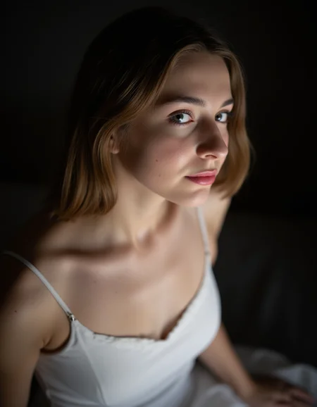 a 18 y.o french pretty modeling,(from_above:1.2),from_side,soft lighting,high resolution,white wedding dress,professional grade,RAW photography,evocative composition,Cinematic Lighting,moody lighting,(freckles:0.7),perfect eyes,