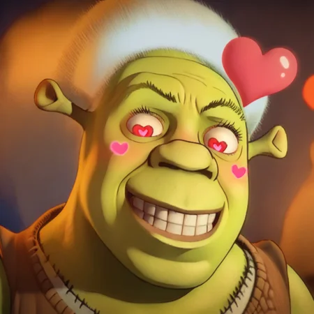score_9, score_8_up, score_7_up, best quality, masterpiece, BREAK 1 boy, shrek, green skin, Ogre ears, SanijSimpface, heart shaped eyes, eye-pop-out, popping eyes, eye popping out,