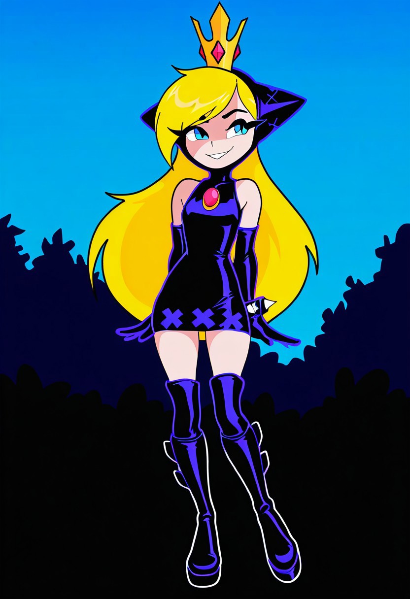 masterpiece, best quality, very aesthetic, absurdres,
outdoors,
full body, seductive smile, parted lips, long eyelashes,
 <lora:WaPeach_v01_NAIXL:1>
W4P34ch,1girl,solo,long hair,blonde hair,crown,blue eyes,bare shoulders,black dress,black elbow gloves,spiked bracelet,knee boots,W4P34ch,1girl,solo,long hair,blonde hair,crown,blue eyes,bare shoulders,dress,elbow gloves,spiked bracelet,thigh boots,