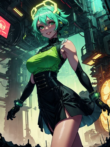 <lora:add_detail:0.25>, (1girl, solo, adult female, mature female), <lora:concept_goodHands:1>, <lora:detailed_eyes:1>, aqua hair, long hair, short hair,
<lora:style_uraniumTech_(uraniumtech--radiation--scifi--nuclear--transparent):0.95>, uraniumtech, scifi, nuclear, transparent, see-through, radiation, 
[muscular, biceps], abs, leg muscles, thigh muscles, 
 <lora:concept_costume_virginKillerOutfit_v10_(virgin killer outfit):0.8>, virgin killer outfit, smile, parted lips, uraniumtech high-waist skirt, sleeveless, scifi shirt, green shirt,  
uraniumtech trees, uraniumtech forest, blue sky,