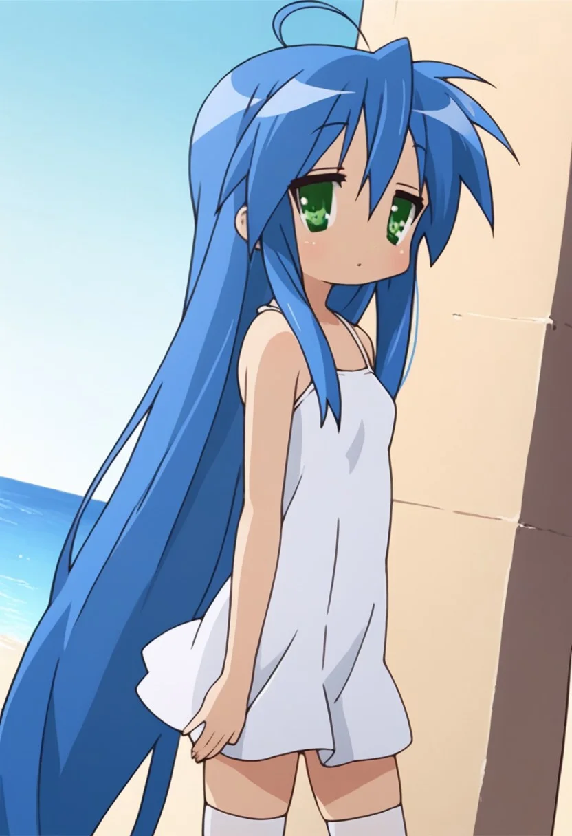 score_9, score_8, score_7_up, 1girl, solo, konata izumi, long hair, very long hair, green eyes, blue hair, ahoge, small breasts, white summer dress, thighhighs,, outdoors, standing, beach, blue sky, looking at viewer, dutch angle, cowboy shot,