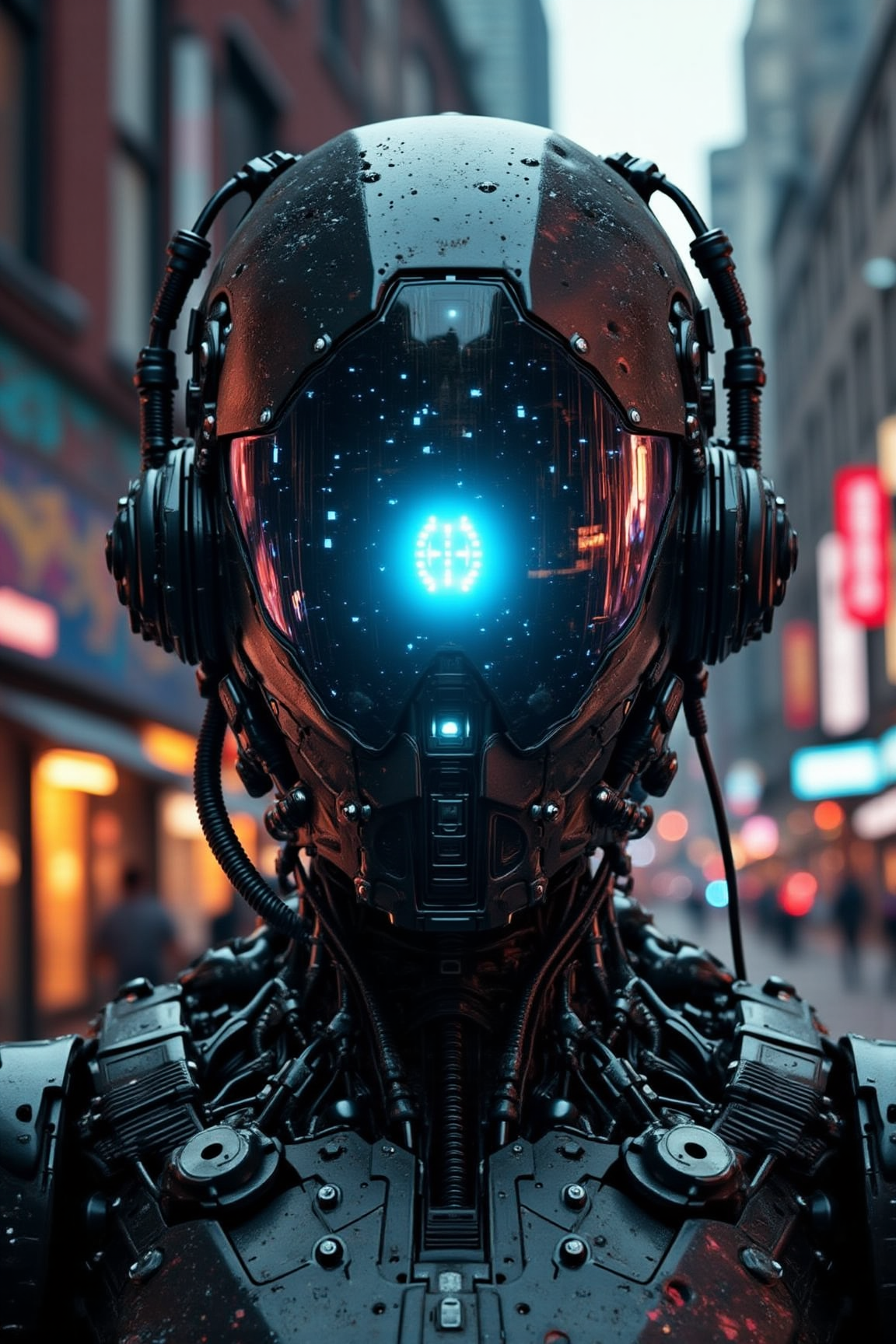 yfg-F@ce, A close-up of a heavily augmented humanoid robot with a matte-black helmet adorned with LED strips that mirror its blue digital eye's pupil, standing in front of a graffiti-covered cyberpunk cityscape at dusk, with a faint glow emanating from its exposed mechanical chest plate and the dimly lit streets reflecting off the mask's visor.