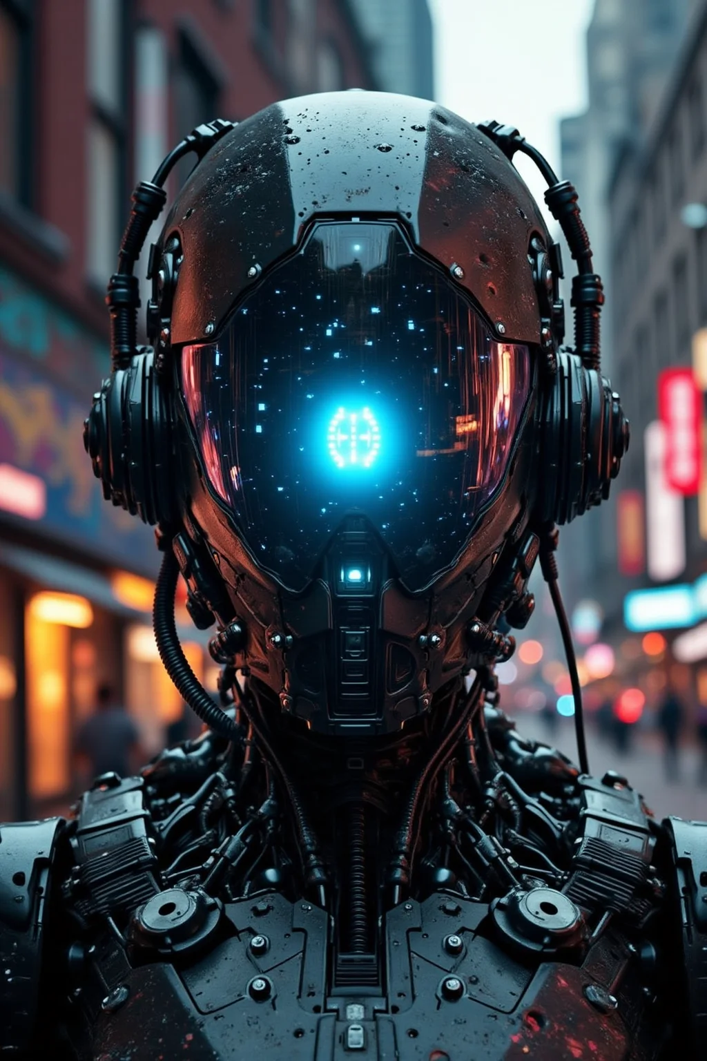 yfg-F@ce, A close-up of a heavily augmented humanoid robot with a matte-black helmet adorned with LED strips that mirror its blue digital eye's pupil, standing in front of a graffiti-covered cyberpunk cityscape at dusk, with a faint glow emanating from its exposed mechanical chest plate and the dimly lit streets reflecting off the mask's visor.