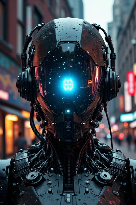 yfg-F@ce, A close-up of a heavily augmented humanoid robot with a matte-black helmet adorned with LED strips that mirror its blue digital eye's pupil, standing in front of a graffiti-covered cyberpunk cityscape at dusk, with a faint glow emanating from its exposed mechanical chest plate and the dimly lit streets reflecting off the mask's visor.