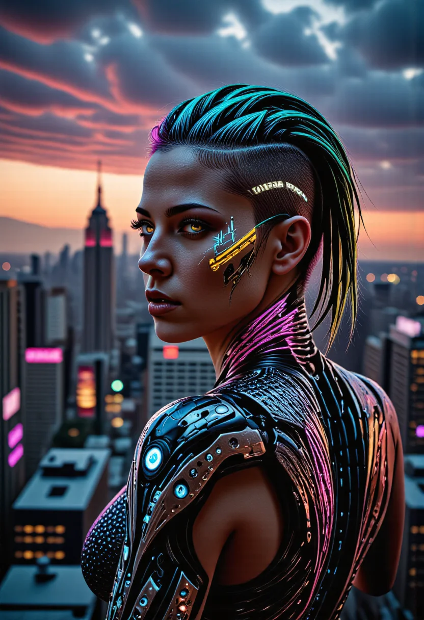 In the neon-drenched streets of a dystopian metropolis, a biomechanical cyborg woman with augments, stands atop a rain-soaked skyscraper at sunset, gazing out over the cityscape at dusk. Dimly glowing ice blue mechanical eyes. Her electric blue, toxic green and hot pink hair is styled in a sleek, undercut style with shaved sides. Her body is a fusion of human and machine, with visible circuitry and wires pulsing beneath her skin, and mechanical arms. She wears a nanotech tactical stealth-suit. The woman's presence seems to command the attention of the city itself. The mood is one of quiet intensity, as if she is poised on the brink of action, ready to unleash herself on the world below, perfection style. <lora:fluxAugments_v3_rank64_bf16-step01525:0.8>, <lora:flux/flux_realism_lora>, <lora:flux/aidmaImageUpgrader-FLUX-V0.1>, detailmaximizer,