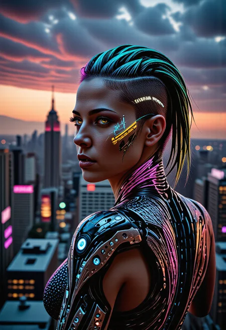 In the neon-drenched streets of a dystopian metropolis, a biomechanical cyborg woman with augments, stands atop a rain-soaked skyscraper at sunset, gazing out over the cityscape at dusk. Dimly glowing ice blue mechanical eyes. Her electric blue, toxic green and hot pink hair is styled in a sleek, undercut style with shaved sides. Her body is a fusion of human and machine, with visible circuitry and wires pulsing beneath her skin, and mechanical arms. She wears a nanotech tactical stealth-suit. The woman's presence seems to command the attention of the city itself. The mood is one of quiet intensity, as if she is poised on the brink of action, ready to unleash herself on the world below, perfection style. <lora:fluxAugments_v3_rank64_bf16-step01525:0.8>, <lora:flux/flux_realism_lora>, <lora:flux/aidmaImageUpgrader-FLUX-V0.1>, detailmaximizer,