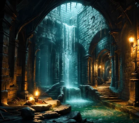 RAW photo, (masterpiece:1.3), subsurface scattering, heavy shadow, (high quality:1.4), (intricate, high detail:1.2), professional photography, HDR, High Dynamic Range, realistic, ultra realistic, photorealistic, high resolution, film photography, ambient lighting, atmospheric effects, <lora:detail_slider_v4:2.5>, OverallDetail, dark, medieval, fantasy, sewers, water, torches on the walls, staircase, waterfall, (greenish lights), <lora:Sewers:1>, epiCPhoto,