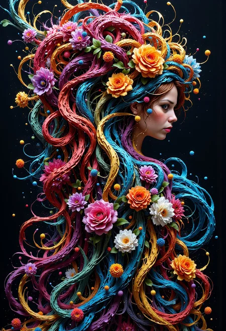 masterpiece, side portrait of a beautiful woman LimmaGansales made of flowers, full body, abstract, fractal art , HD 32K, wallpaper, hyper detailed, mythp0rt
