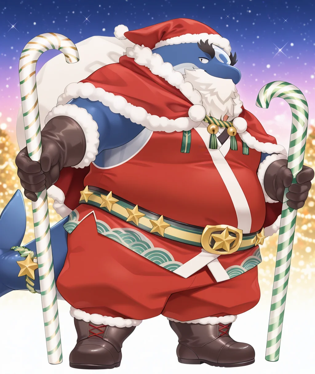 (masterpiece, best quality, newest, absurdres, highres, colorful, amazing_quality, high quality, detailed background), <lora:kii-14:1> t-kii, whale boy, 1boy,
, santa_hat, santa_capelet, fake_beard, red_sleeveless_kimono, red_fur-trimmed_pants, fur-trimmed gloves, brown gloves, brown boots, tied_tail, holding candy cane, oversized object, star on belt,