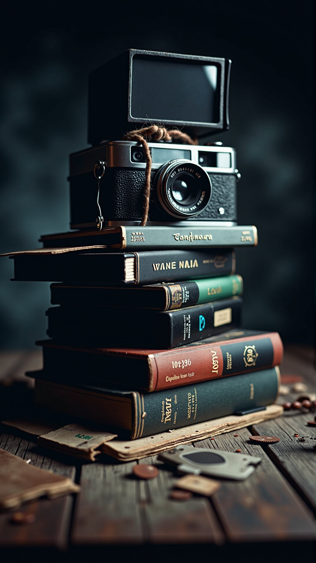 A realistic photo of stack of vintage camera film<lora:DarkmosphericFlux:0.75>