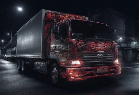 (masterpiece, best quality), highly detailed, ultra-detailed, (night), (city highway), (large truck), (truck bed side:1.3), (japanese tattoo style:1.4), (evil snake:1.5), (serpent scales), (detailed scales), (snake fangs), (glowing red eyes), (menacing), (dark color scheme), (headlights on), (streetlights:1.2), (motion blur:0.8), (high speed), (asphalt road), (reflections), (night atmosphere),Japanese truck