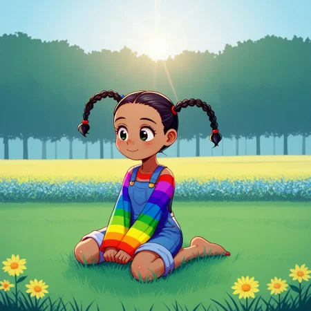 score_9, break, 1girl, three braids, rainbow sleeves, black hair, dark skin, overalls, Paddington1024, sitting outside, grass, flowers, cute, natural lighting