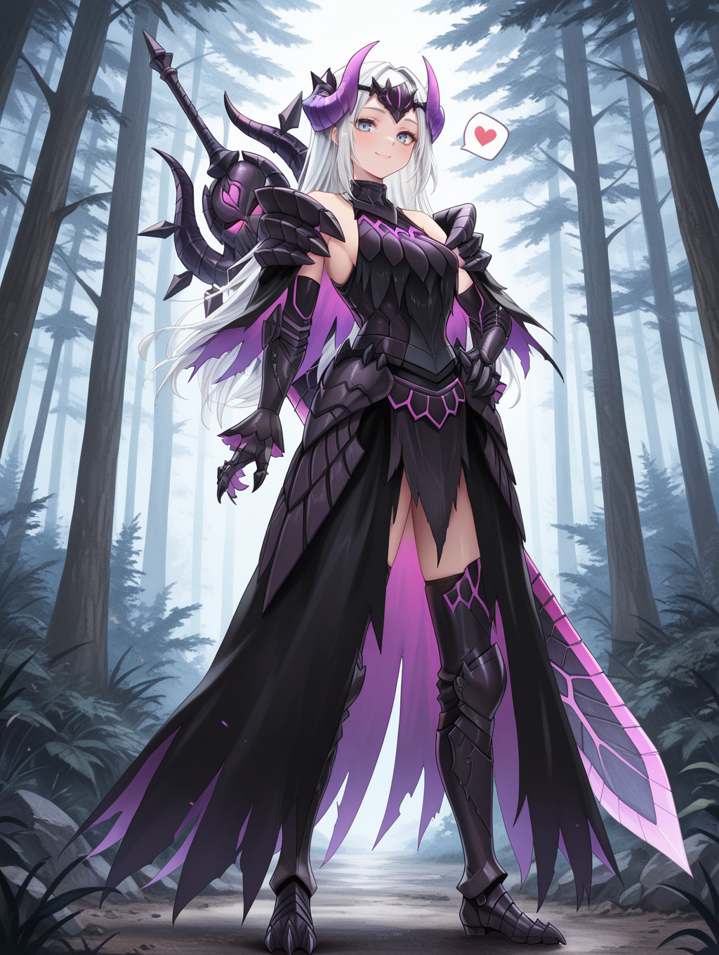 gore magala armor, 1girl, solo, white hair, blue eyes, long hair, hand on hip, looking at viewer, standing, full body, closed mouth, smile, black greatsword, weapon on back,purple horn ornament, black cape, black breastplate, black armored gloves, black shoulder armor, black armored dress, black thigh armored boots, claws,forest,spoken heart, v
masterpiece,best quality,amazing quality,very aesthetic,apussbsurdres,newest,<lora:Gore Magala armor illuXL v1.2:0.75>,