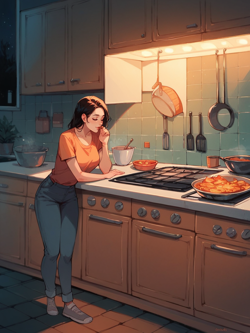 score_9, score_8_up, score_7_up, score_6_up,  <lora:d4rkv1b3XLP:1> d4rkv1b3, dark, night, 1girl, kitchen,