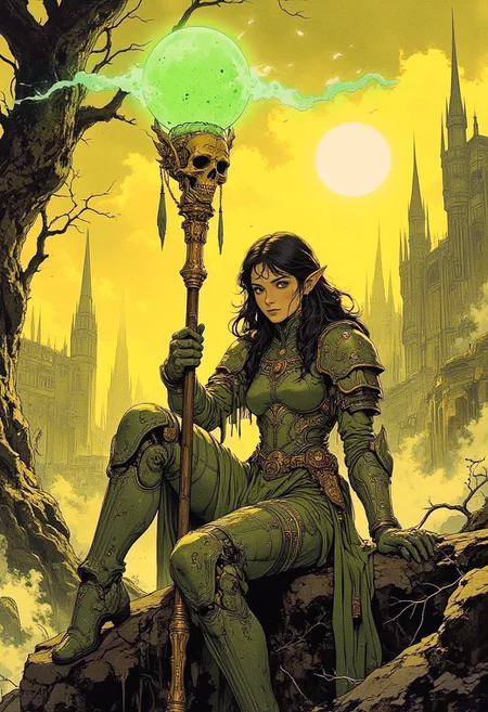 (style of jean delville). This is a highly detailed digital illustration in a fantasy art style. The central figure is a young female elf with pointed ears, fair skin, and long, wavy black hair. She is dressed in intricate, ornate green armor with gold accents, including a breastplate, arm guards, and thigh guards. Her attire features elaborate patterns and designs, including floral and geometric motifs. She is seated on a rocky ledge, her legs slightly bent, and her right arm resting on her knee. In her left hand, she holds a tall, ornate staff adorned with a golden skull and a large, glowing green orb at the top, emitting a bright light that illuminates the scene. The background is a fantastical, surreal landscape with a mix of green and yellow tones. In the distance, there are tall, spires and towers of a city, possibly a medieval castle, shrouded in mist and fog. To the left, a large, twisted tree with gnarled branches adds a touch of darkness to the scene. The sky is a vibrant yellow-green, with wispy clouds and a sun-like glow. The overall composition is dynamic, with the figure's pose and the staff's light drawing the viewer's attention. The textures are rich and detailed, from the smoothness. Intricate, High Detail, Sharp focus, white sphere on the background