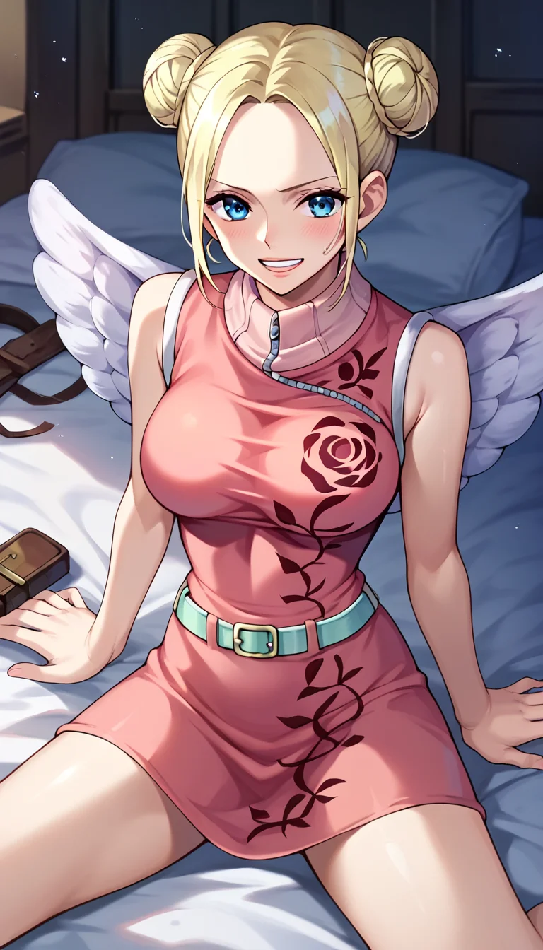 score_9, score_8_up, score_7_up, score_6_up, score_5_up, score_4_up, 1girl, conis, wings, blonde hair, double bun, blue eyes, pink dress, turtleneck, green belt, <lora:Conis_v2:1>