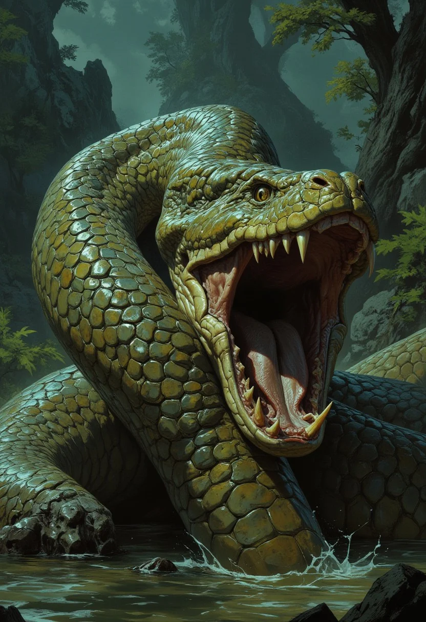boris vallejo style, frank frazetta style, 8k high quality digital painting, masterpiece, very detailed, ultra realistic, (best quality) very detailed epic masterpiece, detailed face, full body, field of depht A man is struggeling with a big anaconda, the snake has wrapped around the man and is opening its huge fanged mouth to devour him, swamp, dangerously frightening, scary scene, action, scary, best quality, epic scene, Dungeons and dragons atmosphere, heroic fantasy, realistic, realism, full body