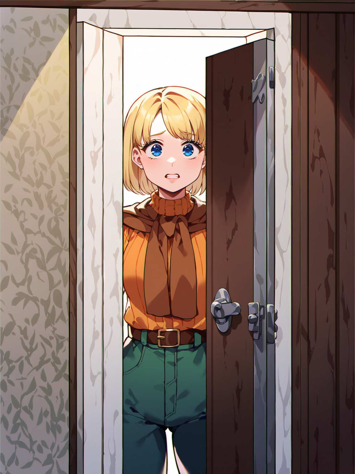 score_9, score_8_up, score_7_up, BREAK
Ashley Graham, Resident Evil 4 Remake, 1girl, long blonde hair, blue eyes, hiding, horror, detailed background, intricate details, highly detailed, ultra detailed, hyper detailed, complex background, eerie atmosphere, soft lighting, highres, masterpiece, best quality, casual outfit, scared expression, hiding behind a door, holding it slightly ajar, peeking out cautiously, dynamic pose, dark setting, game scene
