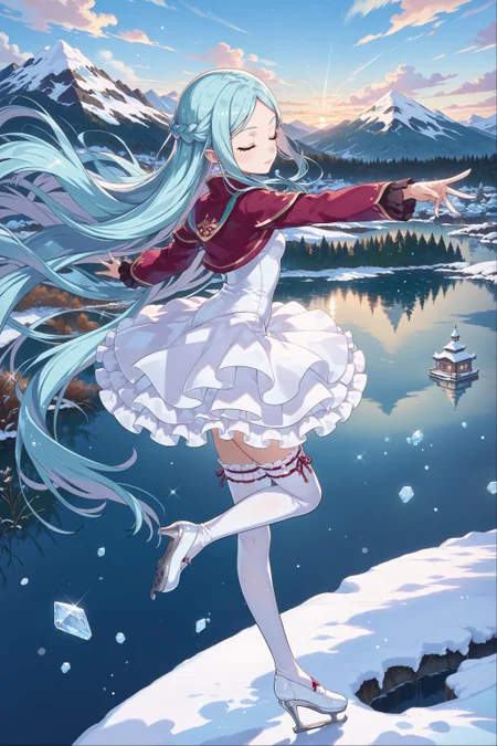 score_max, (score_9, score_8_up, score_7_up:1.2), score_6_up, official art,
masterpiece, absurdres, high detail, 8k,
winter, frozen lake, mountain, sunrise, sparkle, from side,
ice skating, standing on one leg, outstretched arms, spread legs, closed eyes,
ririi, very long hair, floating hair, white leotard, white skirt, miniskirt, frilled skirt, white thighhighs, ice skates,
<lora:XL_Pony_gomaotsu-lily-t1:1>