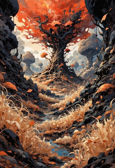 A vibrant and emotional close-up illustration of the Shadows Country, where everything is black and white. The environment is surreal—cereal fields all around with some tree groves here and there. The drawing technique is warm and hand-drawn, using delicate ink outlines and soft watercolor washes to evoke the charm of a children's book illustration, while the framing emphasizes