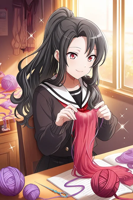 masterpiece, best quality, amazing quality,
 <lora:Rui_IL:1> rui, 1girl, school uniform, solo, needle, long hair, ponytail, black hair, serafuku, red eyes, smile, window, sweater, yarn, sewing, sparkle, wavy hair, holding needle, indoors, yarn ball, sitting, table