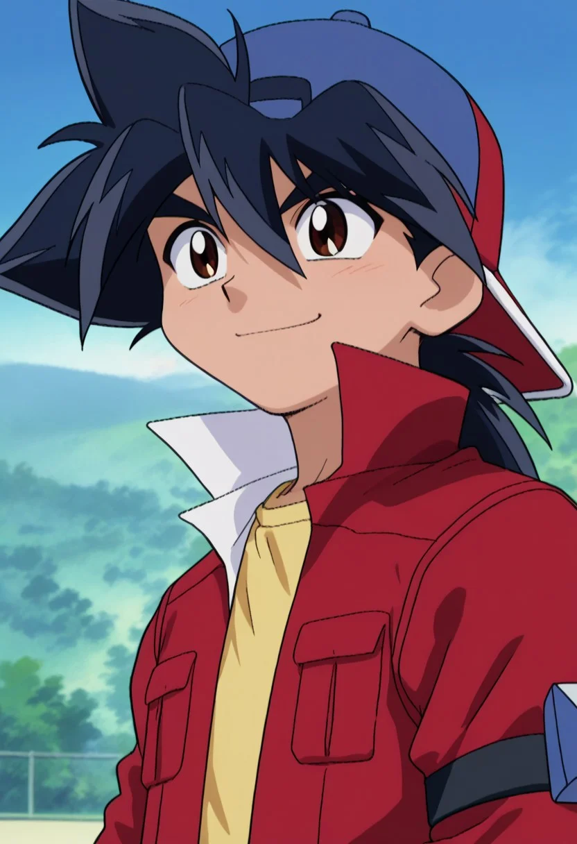 score_9, score_7_up, source_anime
takakinom, 1boy, male focus, solo, brown eyes, black hair, spiked hair, hat, baseball cap, backwards hat, jacket, red jacket, popped collar, portrait, smile,
outdoor,