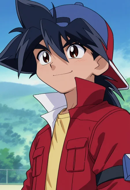 score_9, score_7_up, source_anime
takakinom, 1boy, male focus, solo, brown eyes, black hair, spiked hair, hat, baseball cap, backwards hat, jacket, red jacket, popped collar, portrait, smile,
outdoor,