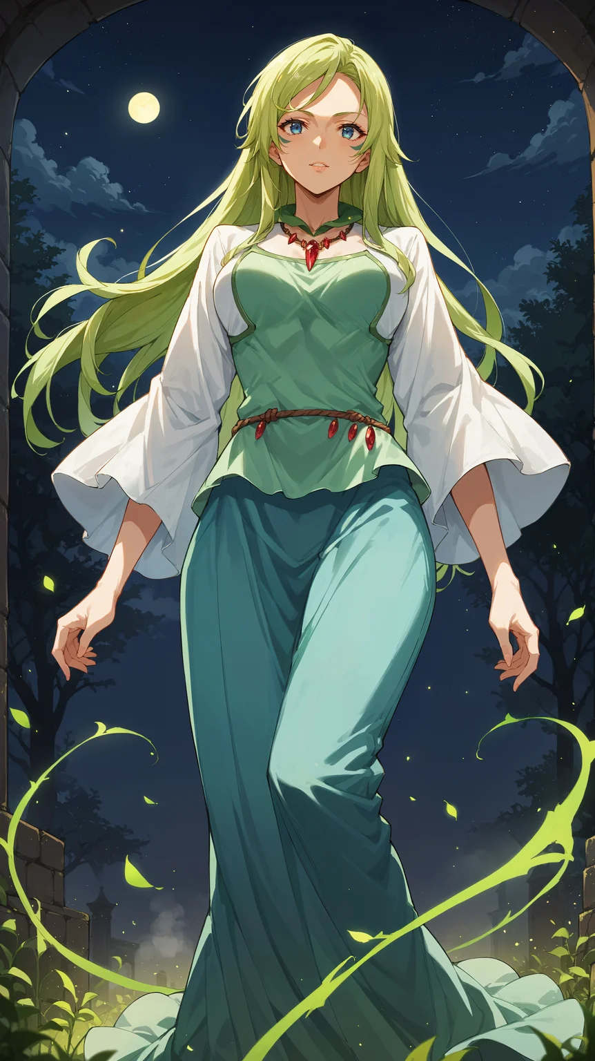 score_9,score_8_up,score_7_up,score_6_up, source_anime, zPDXL3, <lora:xl_more_art-full_v1:0.5>, woman, dynamic pose, head tilt, <lora:Treyni - Pony:0.8>, long hair, green hair, blue eyes, facial markings, multicolored dress, green dress, long sleeves, blue skirt, white sleeves, red necklace, long skirt, rope belt, hidden grotto, moonlight, night sky, nigh, low fog, darkness,