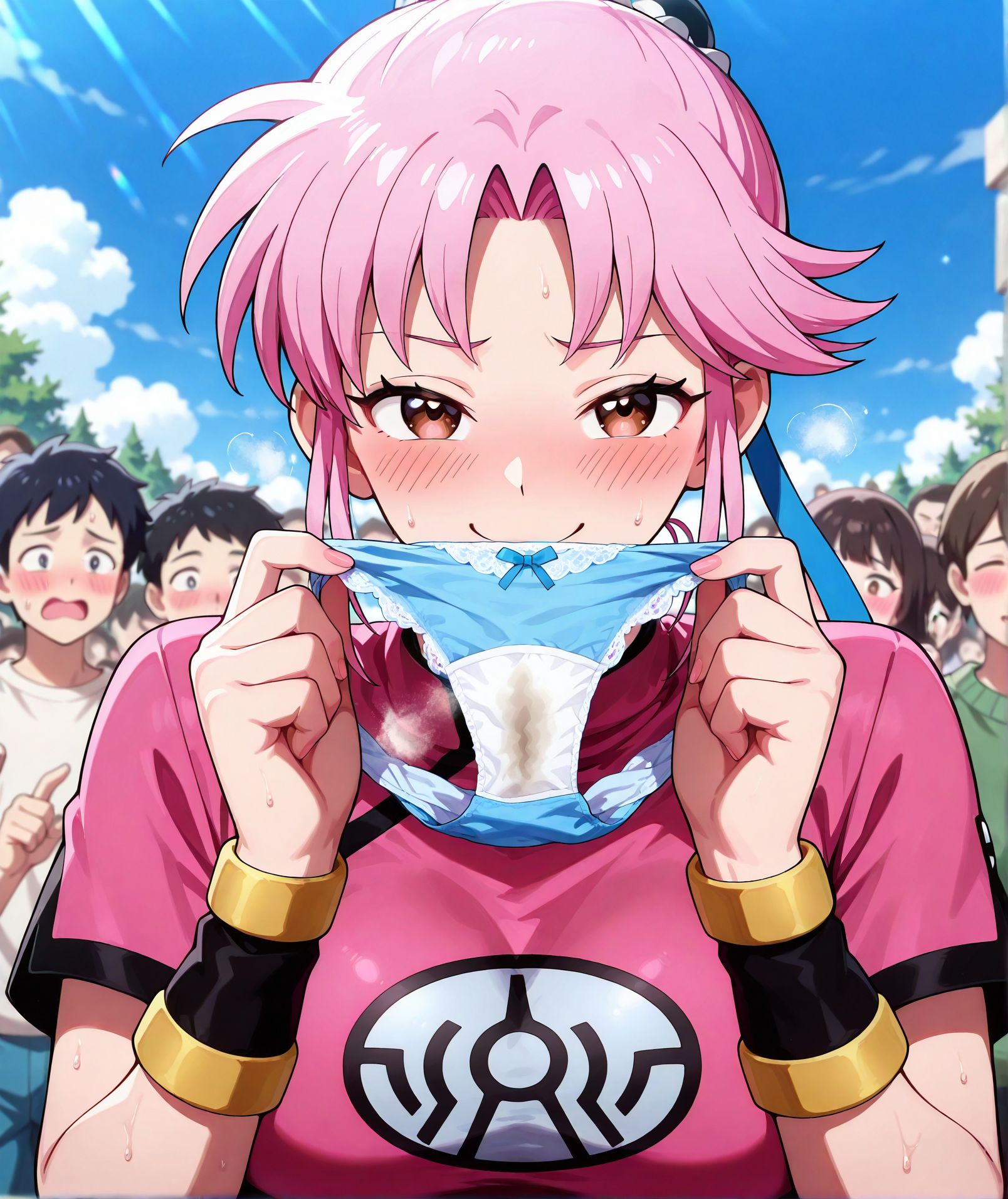 <lora:add-detail-xl:0.5>,,masterpiece, best quality, newest, absurdres, highres, detailed eyes, beautiful, detailed background, perfect eyes, anime coloring, anime screencap,
<lora:Holding_panties:0.5>Holding_pantiesV1,
1girl,solo,sweater,panties,underwear,holding,sexy panties, 
looking at viewer, upper body, blush, naughty face, smelling panties, 
(holding panties near face),sweat, steam, lace panties, 
short sleeves, 
Maam, 
 Battle Costume,  outdoors, sky, day, blue sky, crowd <lora:JN_Maam_Illus:0.8>
20YO, milf,adult,