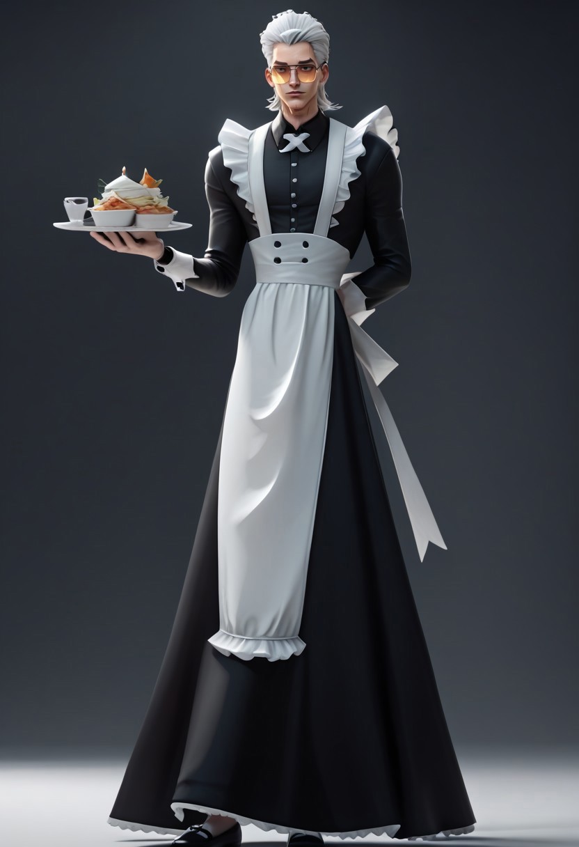 lazyup7, 1boy, solo, 3d, x \(to be hero x\), to be hero x, white hair, sunglasses,  maid uniform, black dress, long dress, white apron, maid headdress, mary janes,