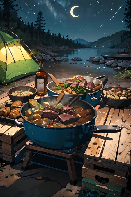 (masterpiece:1.3),(best quality:1.3),highres,mythic,ultra-detailed,masterpiece,extremely detailed CG unity 8k wallpaper,best quality,night,horror,dark,scenery,outdoors,<lora:Detailed_Places_R-128_v1:0.7>,camping,grill,food,beef,pork,pot,
