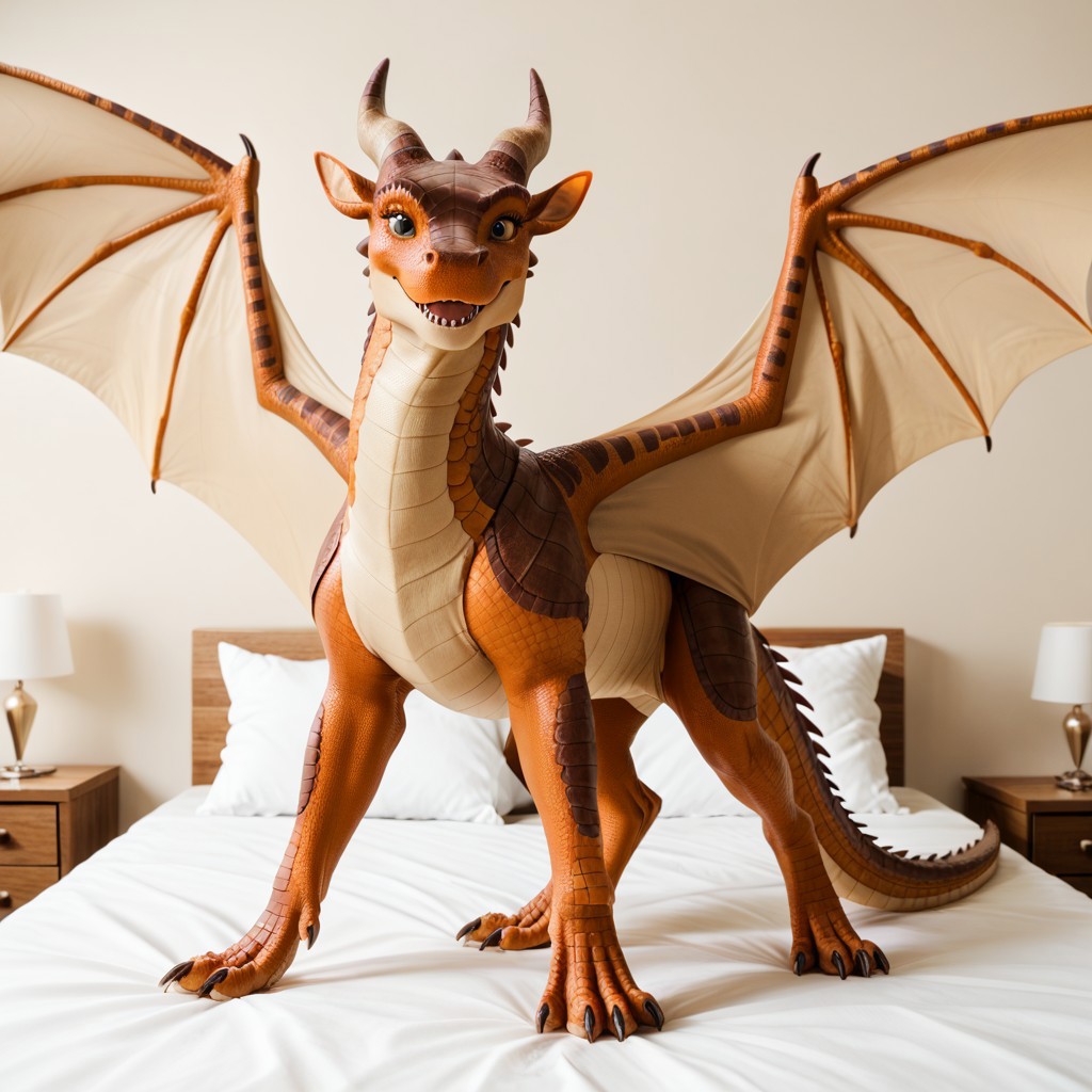 score_9, score_8_up, score_7_up, score_6_up, score_5_up, score_4_up, masterpiece, high quality, realistic, detailed, best quality, white bed, solo, rating_safe, source_furry, bedroom, smiling, happy, detailed eyes, detailed face, (looking at viewer, standing, spread wings), Mudwing_wof, brown scales, squarish face, darker colored snout, tan underbelly, dragon, horns, claws, wings, tail, feral, (1girl, female, eyelashes, feminine, slender build, thinner)