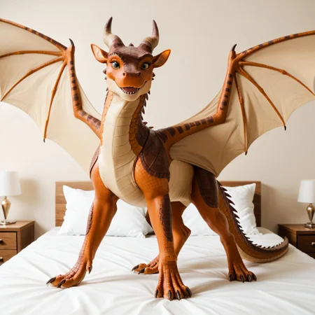 score_9, score_8_up, score_7_up, score_6_up, score_5_up, score_4_up, masterpiece, high quality, realistic, detailed, best quality, white bed, solo, rating_safe, source_furry, bedroom, smiling, happy, detailed eyes, detailed face, (looking at viewer, standing, spread wings), Mudwing_wof, brown scales, squarish face, darker colored snout, tan underbelly, dragon, horns, claws, wings, tail, feral, (1girl, female, eyelashes, feminine, slender build, thinner)