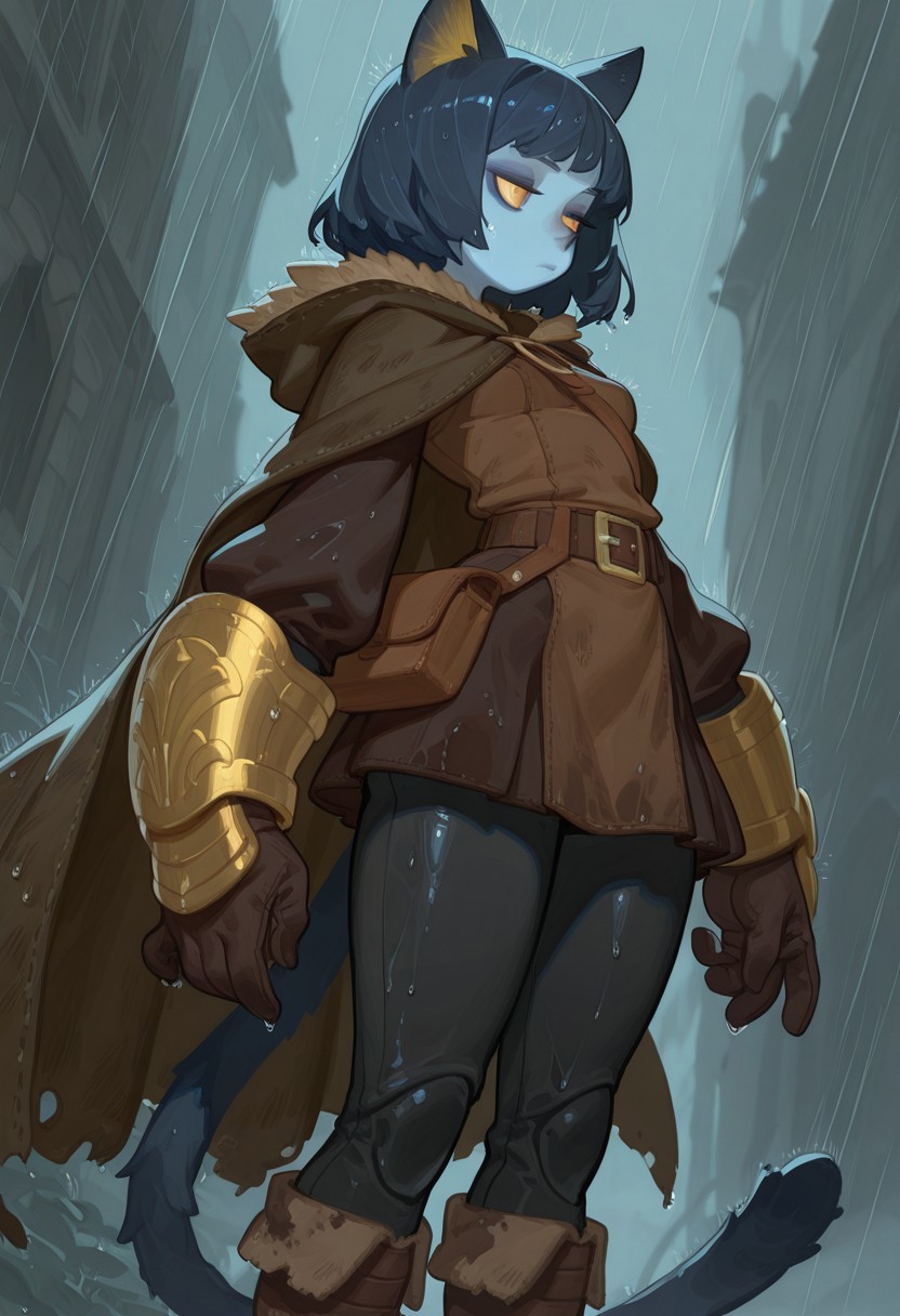 F3n6l1, masterpiece, very aesthetic, absurdres, (solo:1.5),
expressive eyes, beautiful detailed eyes:1, perfect face, thief cloak, fur trim, long sleeve tunic, belt, satchel, black leggings, boots, long gloves, long boots, skirt, dirty clothes, dark clothing, brown and black clothes, thick clothes, bracers, rogue, thief, fantasy, woods, hood down, thick gloves, gold forearm bracers, fantasy medieval town, blue cat ears, blue cat tail, (blue skin: 1.4), colored skin, yellow eyes, cat pupils, dark blue hair, medium hair, bobcut, doll joints, bored, jitome, blue eyeshadow, flat breasts, medium hips, short, dark blue ears, dark blue tail, gold inner ear, gold details, raining, wet clothes, wet skin, wet hair, (5fingers:1.4)