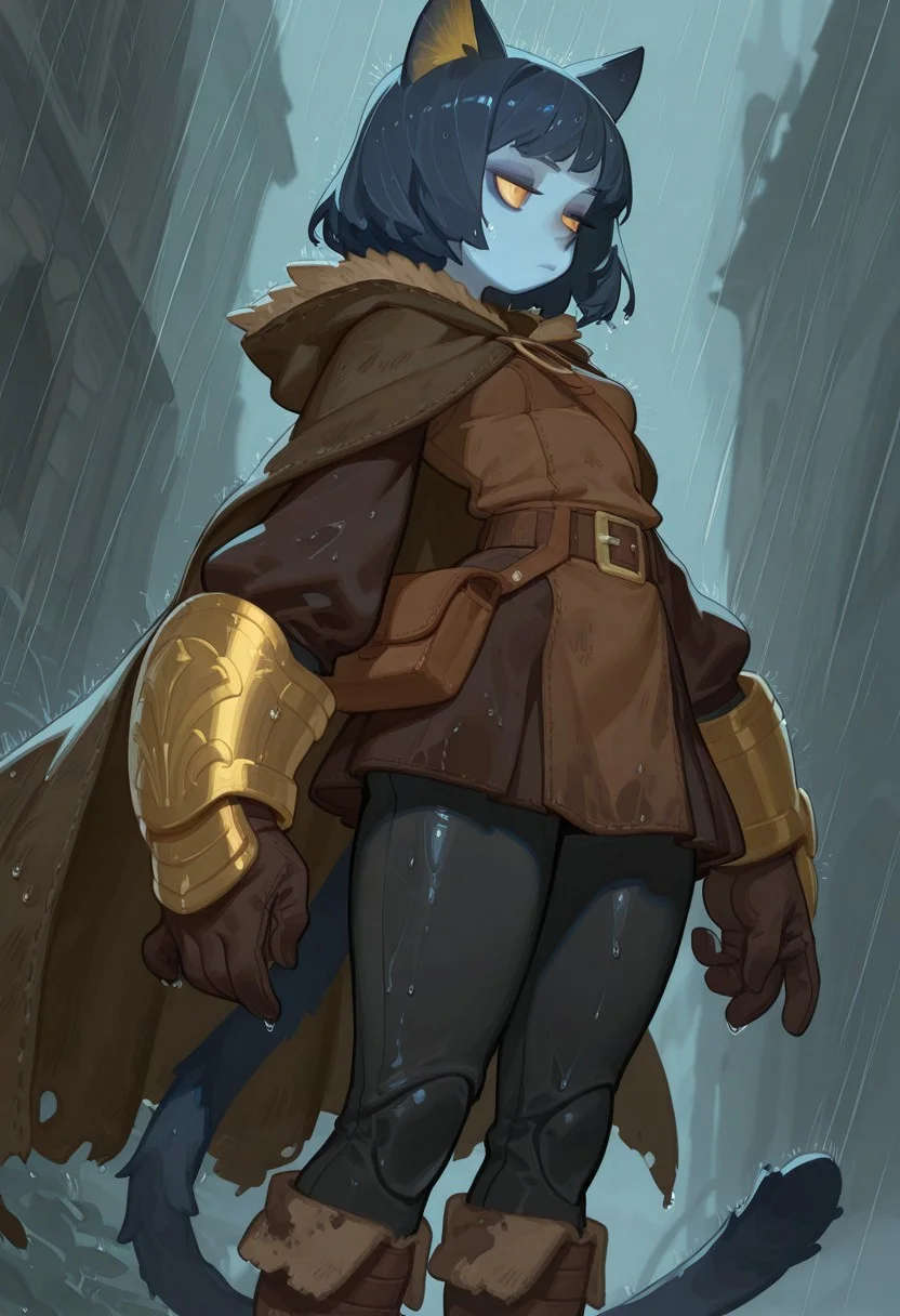 F3n6l1, masterpiece, very aesthetic, absurdres, (solo:1.5),
expressive eyes, beautiful detailed eyes:1, perfect face, thief cloak, fur trim, long sleeve tunic, belt, satchel, black leggings, boots, long gloves, long boots, skirt, dirty clothes, dark clothing, brown and black clothes, thick clothes, bracers, rogue, thief, fantasy, woods, hood down, thick gloves, gold forearm bracers, fantasy medieval town, blue cat ears, blue cat tail, (blue skin: 1.4), colored skin, yellow eyes, cat pupils, dark blue hair, medium hair, bobcut, doll joints, bored, jitome, blue eyeshadow, flat breasts, medium hips, short, dark blue ears, dark blue tail, gold inner ear, gold details, raining, wet clothes, wet skin, wet hair, (5fingers:1.4)