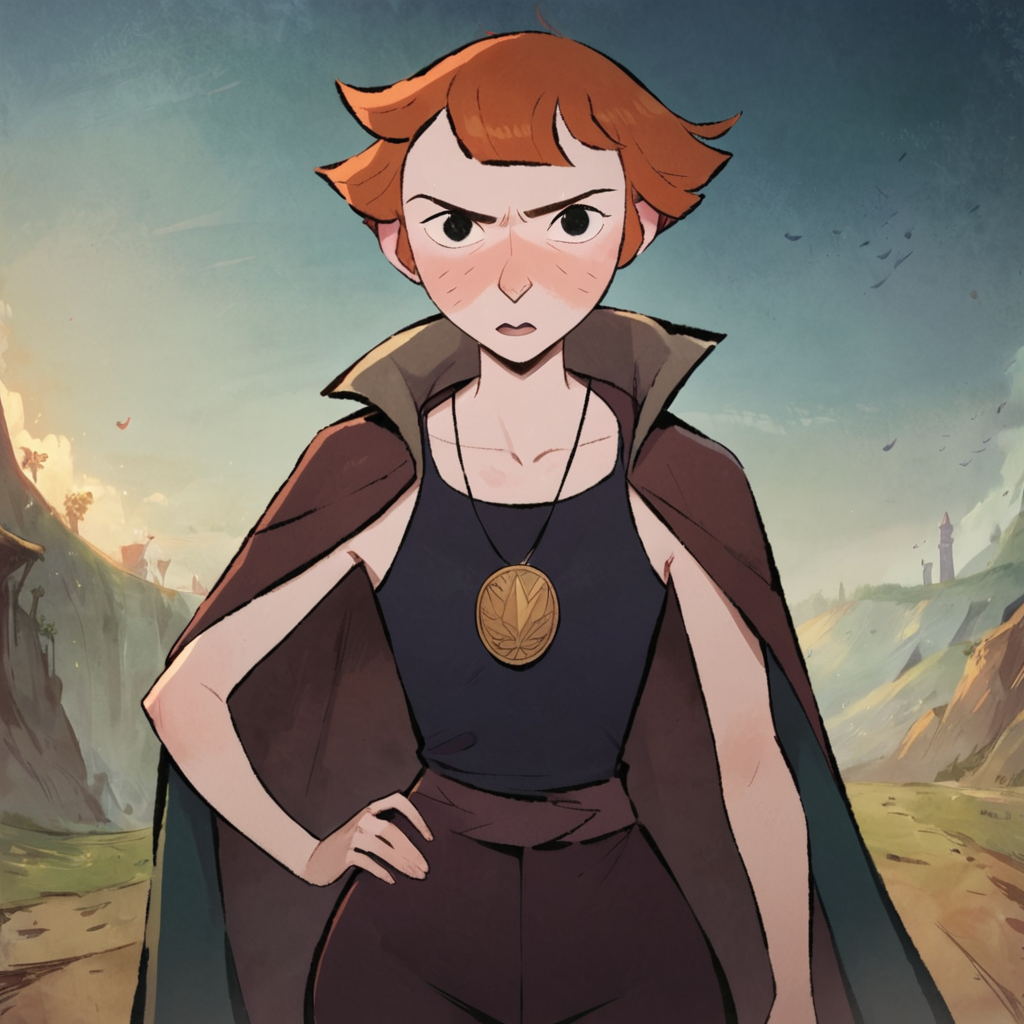 score_9, score_8_up, score_7_up, 1girl, Daal, orange hair, short hair, blush, freckles, necklace, flat chest, narrow waist, wide hips, looking at viewer, cloak, tank top, hand on own hip, highres, high quality, masterpiece, <lora:Daal:1>