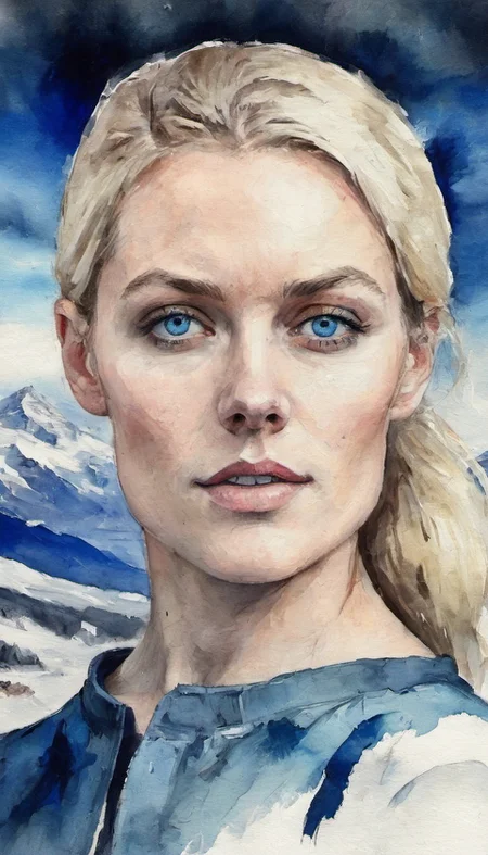 Positiv Clip L
ink watercolor mix, closeup of a woman with blue eyes, mountains
Positive Clip G
ink watercolor mix, closeup of a woman with blonde hair and expressive blue eyes snow-capped mountains in the background
---------