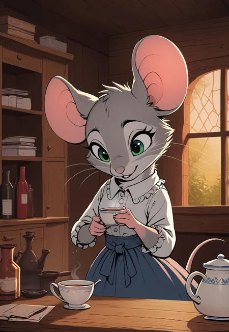 score_9, score_8_up, score_7_up, score_6_up, score_5_up, score_4_up,
[][][][][]
(((mouse))), (feral:1.5), female, solo, (cute:1.3), 
[][][][][]
(frilly shirt, blue skirt), grey fur, grey ears, green eyes, 
[][][][][]
flat color, in the style of Beatrix Potter,
[][][][][]
cel-shading, backlit, (cool color pallet), (upper body portrait, head focus:1.8), side view, (tired expression, happy expression), potions, (tea:2), bottles, (look down), (looking down:1.9), (mouse sitting behind the desk with her elbows on it), head in hand, 
[][][][][]
indoors, candlelight, cottage, desk, workshop, (dark, night)