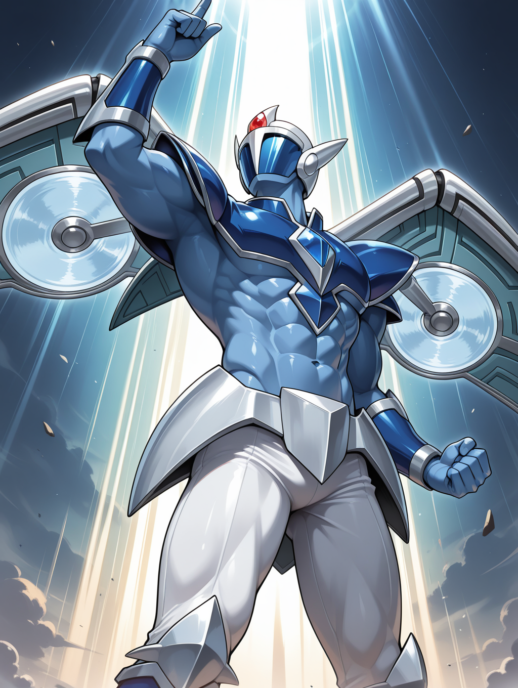 1boy,elemental hero stratos,solo,male focus,clenched hands,glowing gem,light rays,from below,tokusatsu,abs,muscular male,covered face,white helmet,blue full bodysuit,blue shoulder armor,white mechanical wings,blue vambraces,white pants,blue boots,white armored skirt,pointing up,light rays,looking up,
masterpiece,best quality,amazing quality,very aesthetic,absurdres,newest,<lora:Elemental HERO Stratos illuXL v1:0.73>,