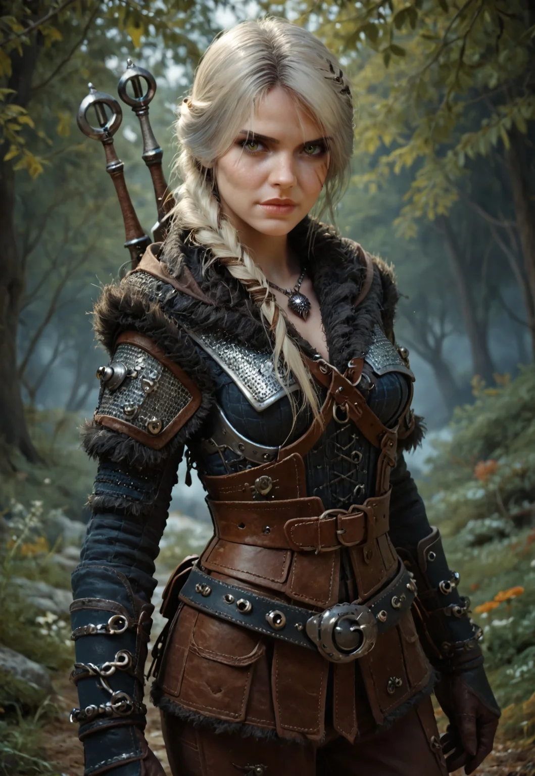 safe_pos, score_9, score_8_up, score_7_up, score_6_up, score_5_up, best quality, high detail, shadow solo, 1girl, solo, green eyes, yellow eyes, white hair, long hair, hair over shoulder, braid, single braid, hair ornament, scar, scar on face, (scar across eye:1.4), beautiful face, cute face, eyeshadow, lips, closed mouth, slim waist, breasts, medium breasts, armor, chainmail, breastplate, shoulder armor, sheathed, sheath, leather, pauldrons, fur trim, gloves, brown gloves, pants, brown pants, pouch, belt, boots, jewelry, necklace, weapon, weapon on back, sword, sword behind back, looking at viewer, side view, neutral pose, face closer, forest background