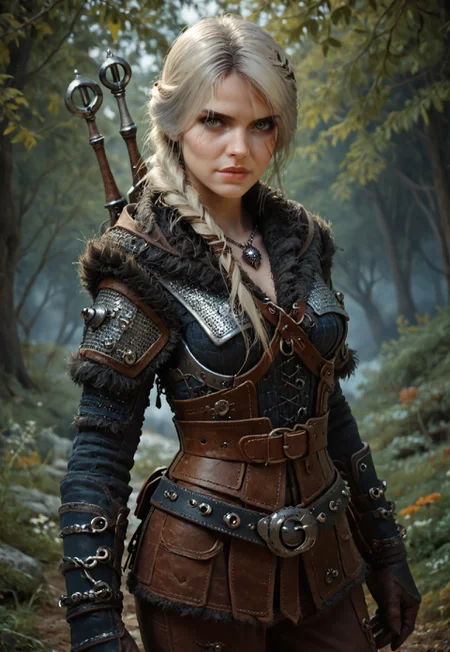safe_pos, score_9, score_8_up, score_7_up, score_6_up, score_5_up, best quality, high detail, shadow solo, 1girl, solo, green eyes, yellow eyes, white hair, long hair, hair over shoulder, braid, single braid, hair ornament, scar, scar on face, (scar across eye:1.4), beautiful face, cute face, eyeshadow, lips, closed mouth, slim waist, breasts, medium breasts, armor, chainmail, breastplate, shoulder armor, sheathed, sheath, leather, pauldrons, fur trim, gloves, brown gloves, pants, brown pants, pouch, belt, boots, jewelry, necklace, weapon, weapon on back, sword, sword behind back, looking at viewer, side view, neutral pose, face closer, forest background