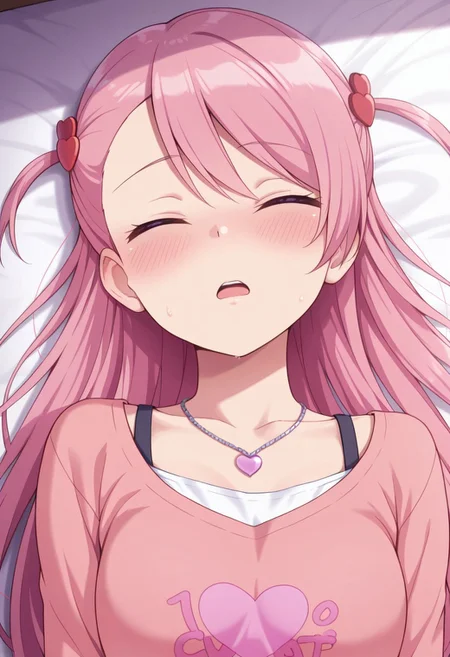 masterpiece,best quality,amazing quality, sakuramori maho, long hair, pink hair, purple eyes, 1girl, solo, heart, closed eyes, heart necklace, blush, hair ornament, two side up, lying, heart hair ornament, jewelry, open mouth, heart print, necklace