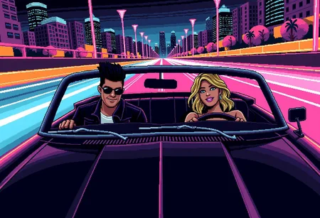 pixelart,retro style,masterpiece,((cool man wearing a leather jacket is driving a convertible shiny black car)),relaxing,he is wearing sunglasses and smiling confidently,smirk,black hair mullet,on the back seat is sitting a blonde beautiful woman wearing elegant clothes and green eyes,happy smile, neon highway,retro city in the background with tall buildings,joy moment,light poles,driving at high speed,movement lines,wind blowing,after image lights,(view from front of car)